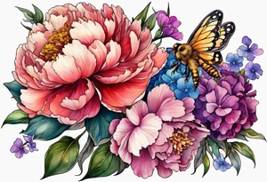 Vibrant peony with hydrangea and petunias and blossoms and foliage and a bee tattoo idea