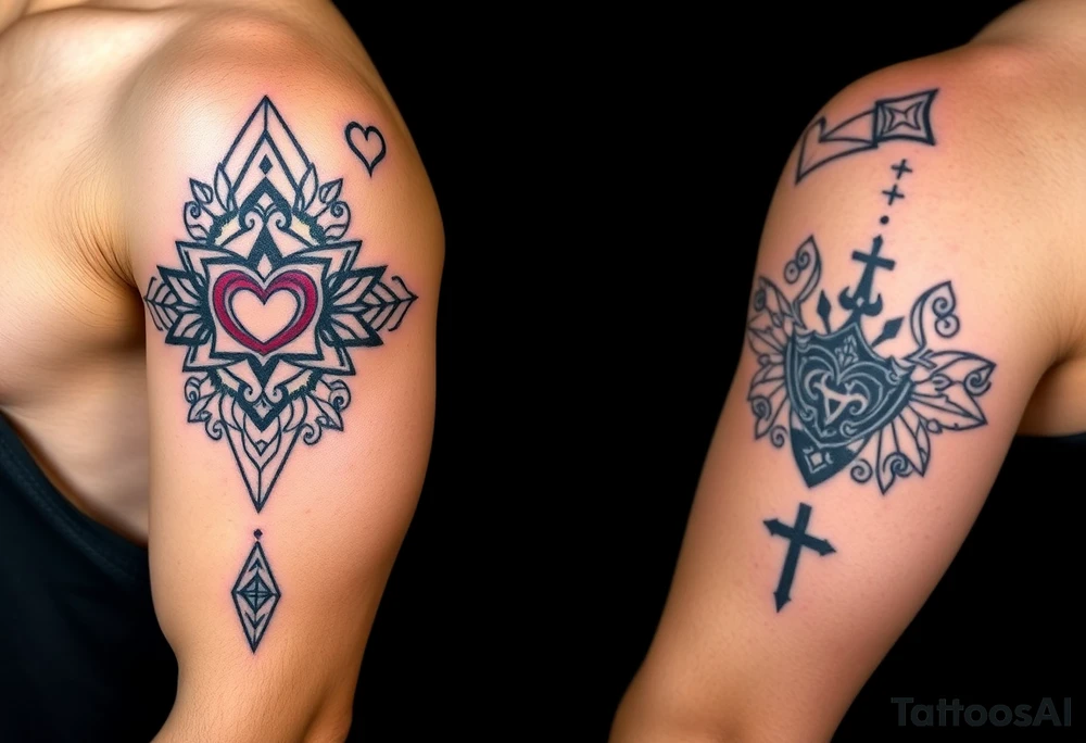 Cover right arm from shoulder to elbow, front and back.
Style is geométricas and tribal. Include healthy and wellness symbols, making a connection between the symbols. Include hearts and names of son and daughter small hidden in the symbols: Isabela, Gabriel, Laura.
Include cross
Draw should cover entire area tattoo idea