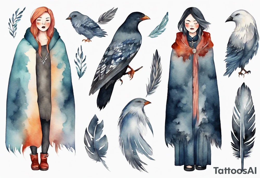 a solitary Scandinavian woman with a feathered cloak tattoo idea