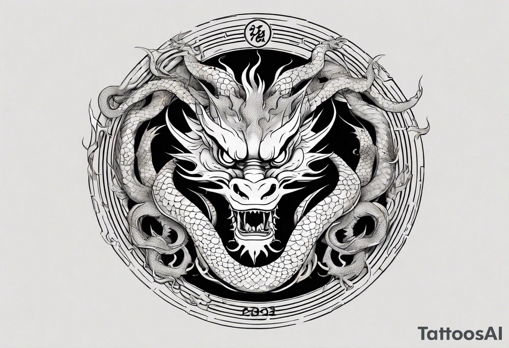Chinese dragon in a circular shape with "02.03" written on its skin tattoo idea