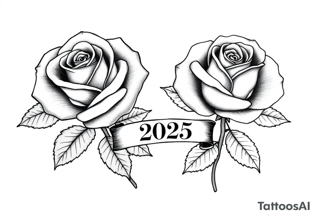 two beautiful large rose buds, one larger than the other, with lots and lots of leaves next to the rose buds, with one sitting slightly higher than the other, side-by-side.  Include a banner connecting the two roses with the year 2025 on it.   Use dark outlines with little shading. Remove all stems from the roses. tattoo idea