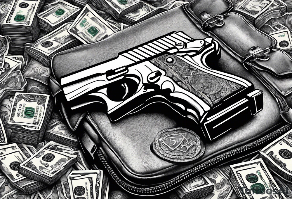 Criminal robbing bank with duffle bag and gun money flying everywhere tattoo idea