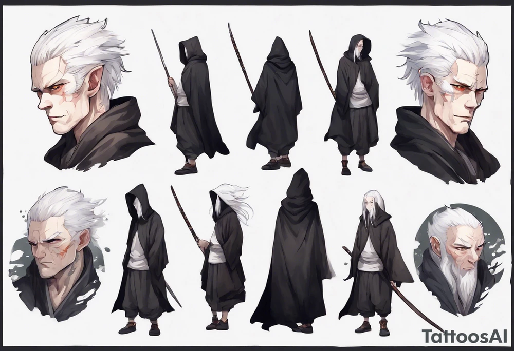 a pale gaunt man with white hair, grey eyes, and black hooded cloak. tattoo idea