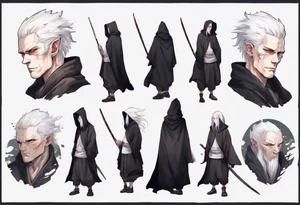 a pale gaunt man with white hair, grey eyes, and black hooded cloak. tattoo idea