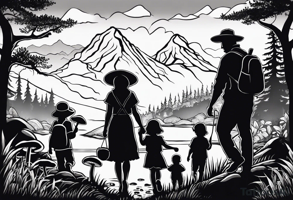 Family silhouette father, mother, son, 2 daughters foraging mushrooms with mountains and creek in background tattoo idea