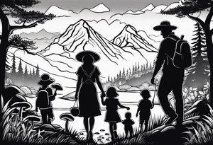 Family silhouette father, mother, son, 2 daughters foraging mushrooms with mountains and creek in background tattoo idea