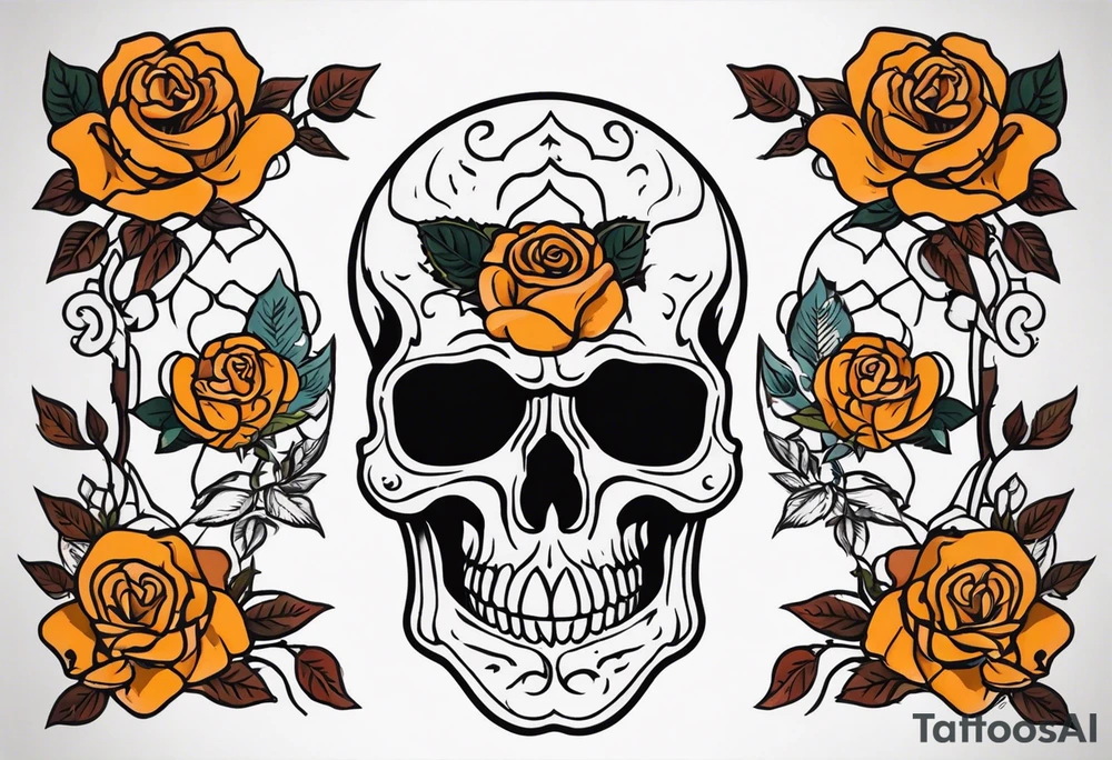 Masculine Old School Knee tattoo in fall colors showing a large skull with a rose tattoo idea
