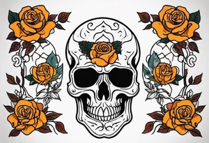 Masculine Old School Knee tattoo in fall colors showing a large skull with a rose tattoo idea