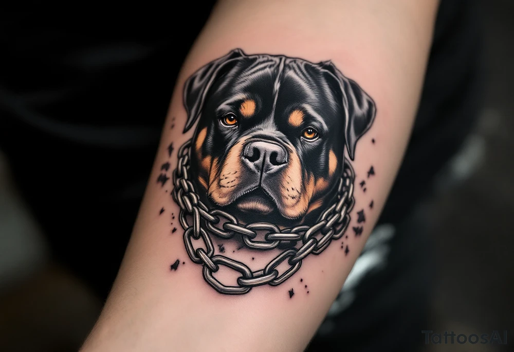 Rottweiler with Chains – A fierce-looking Rottweiler with a broken chain collar, symbolizing power and freedom. Black and grey with metallic silver chain detail. tattoo idea