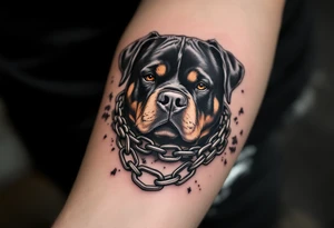 Rottweiler with Chains – A fierce-looking Rottweiler with a broken chain collar, symbolizing power and freedom. Black and grey with metallic silver chain detail. tattoo idea
