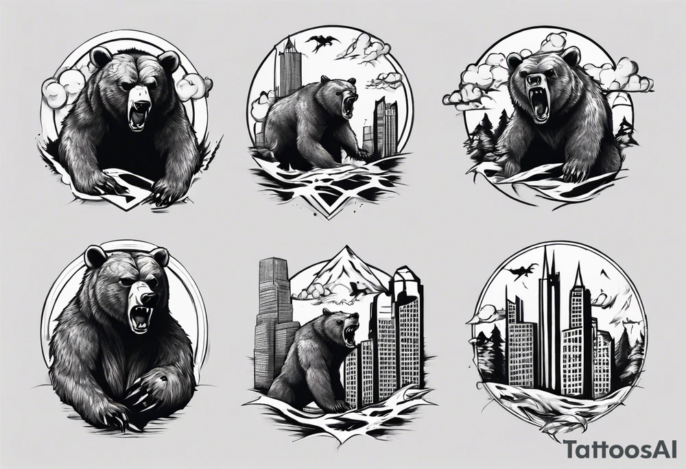 Angry bear coming up behind a city tattoo idea