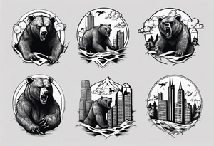 Angry bear coming up behind a city tattoo idea