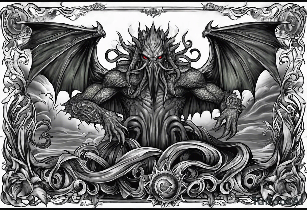 Cthulhu wrap around arm sleeve with other eldritch beasts tattoo idea