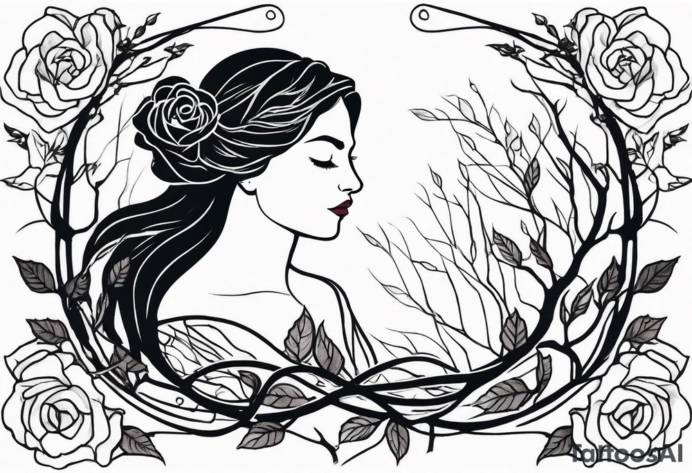 Mother Nature. Side profile with small roses branches and leaves intertwined with her hair. She’s looking at her hands. There is a small rose growing from it tattoo idea