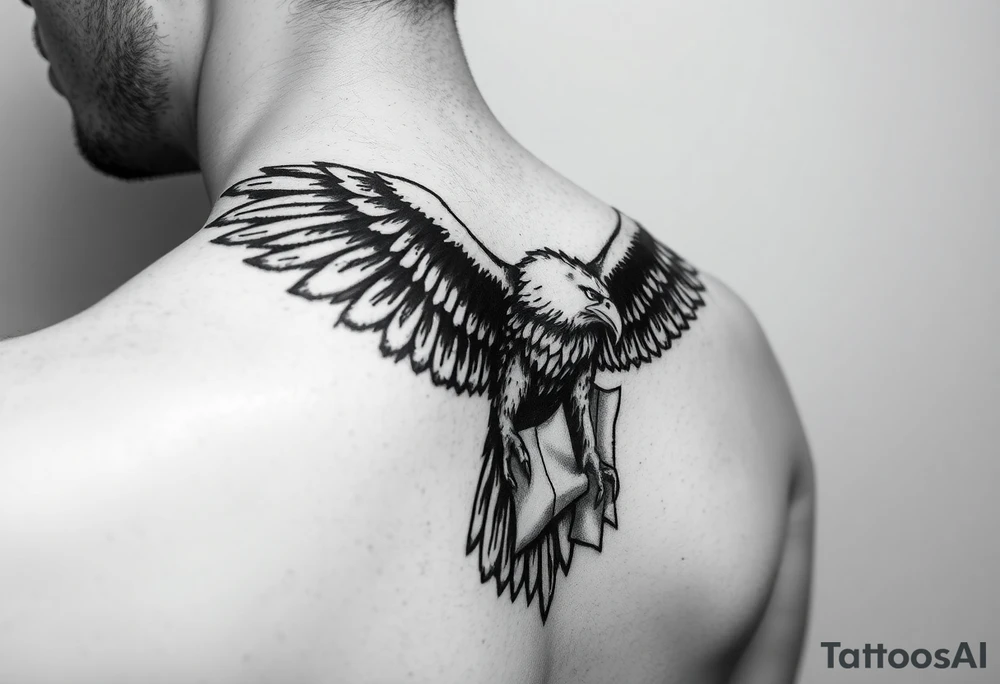 eagle in tribal tattoo look on shoulder, chest and arm which holds a piece of Paper in ita claws tattoo idea