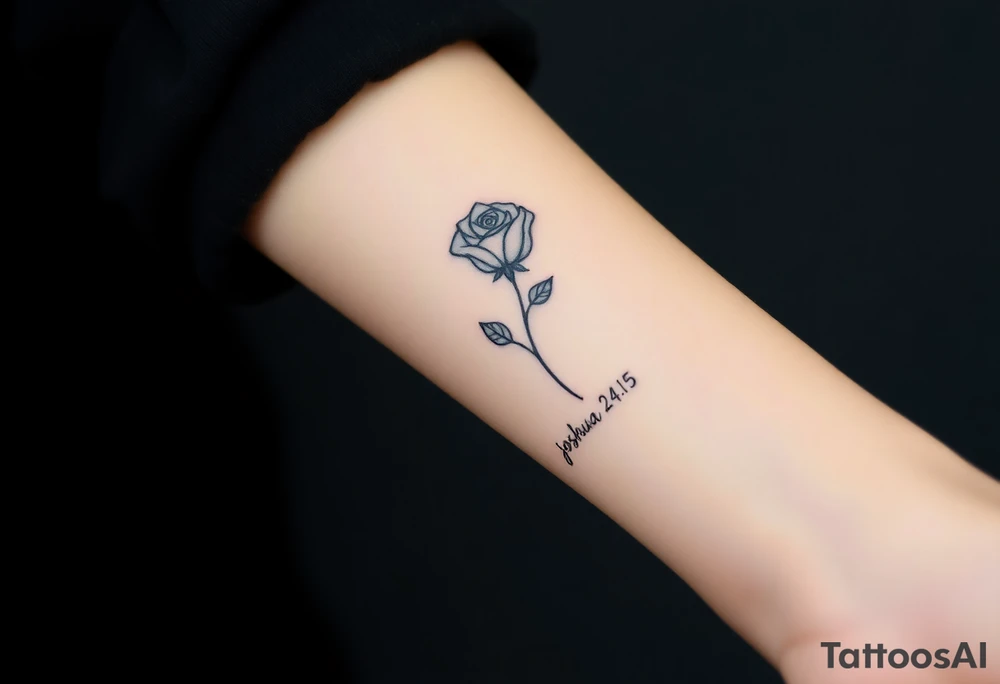 fine-line rose on my inner wrist, with the stem flowing down into the word Joshua 24:15 in tiny clean text underneath tattoo idea