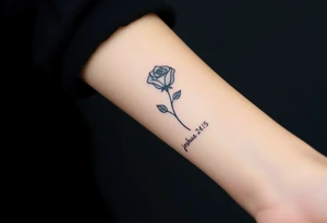 fine-line rose on my inner wrist, with the stem flowing down into the word Joshua 24:15 in tiny clean text underneath tattoo idea