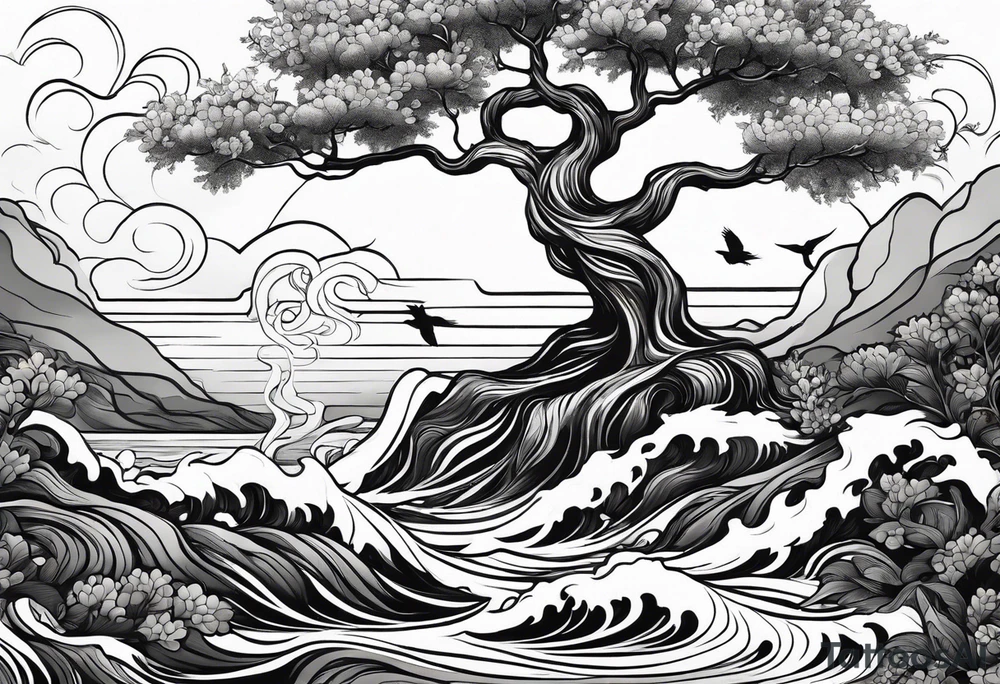 tree with water flowing and phoenix and roots and waves and three birds tattoo idea