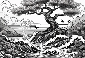 tree with water flowing and phoenix and roots and waves and three birds tattoo idea