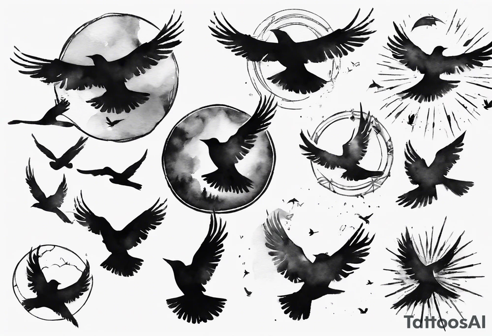 shoulder tattoo with light rays with birds flying free among the clouds, round shape, 3d effect tattoo idea