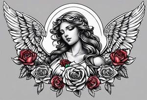 Armored angel holding a cross and colored roses tattoo idea