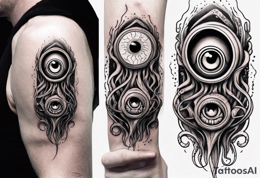 lovecraft themed eye on hand , tentacle on forearm tattoo idea