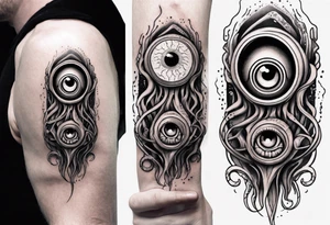 lovecraft themed eye on hand , tentacle on forearm tattoo idea