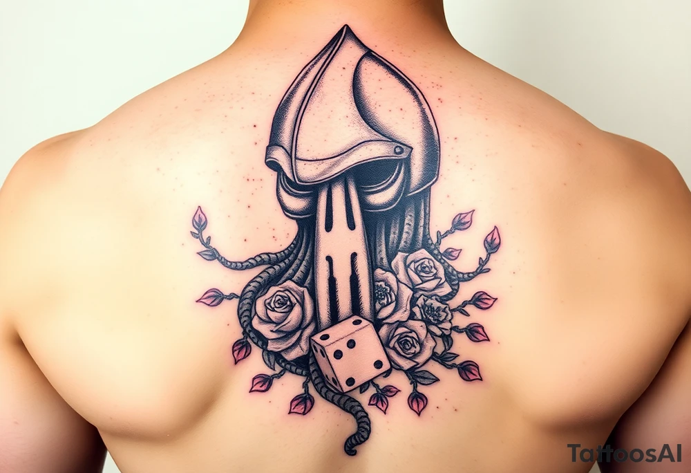 squid knight helmet combined with tree roots, cherry blossoms and roses rolling dice tattoo idea