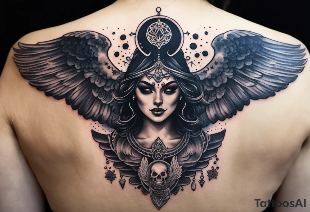 black kali, goddess pirate, alien, angel, pachamama, valkrye, warrior, flying, skull, lotus azul, wing, eagle, zenza resonance, stars, 5D, anahata chakra, death, durga, riding on a tiger, flying lady, chest tatoo tattoo idea