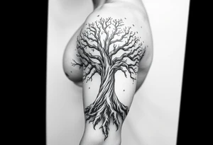 mystical tree of life with cosmic roots and celestial branches tattoo idea