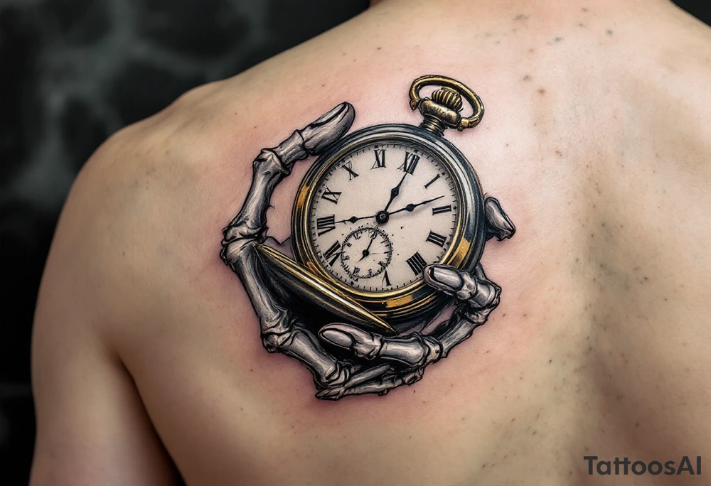 A monochrome skeleton hand holding a ticking pocket watch with gold highlights, "memento mori" engraved across the watch face. tattoo idea