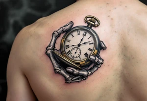 A monochrome skeleton hand holding a ticking pocket watch with gold highlights, "memento mori" engraved across the watch face. tattoo idea