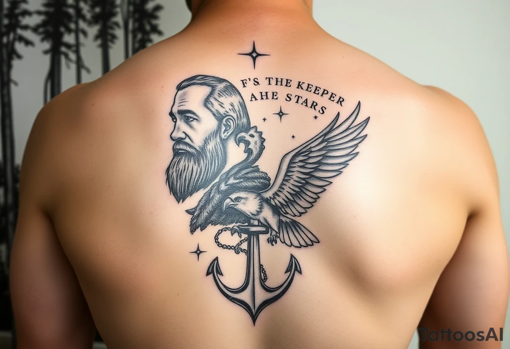 Father time and the Keeper of the stars with a Forest backround, a hidden anchor, and 
Canadian Air force eagle tattoo idea