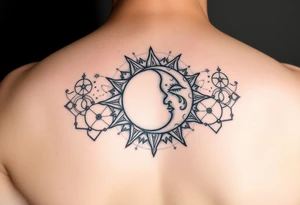 celestial sun and moon embrace with constellation patterns tattoo idea