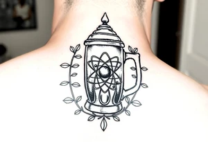 A fine line style German stein in a with an atom in the middle part of the stein and vines around the atom framing it tattoo idea