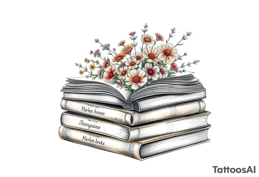 stack of 3 vintage books with various names on the spines top book open with bouquet of different kinds of wild 
flowers coming out of it tattoo idea