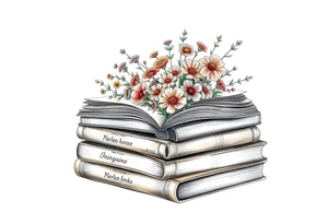 stack of 3 vintage books with various names on the spines top book open with bouquet of different kinds of wild 
flowers coming out of it tattoo idea