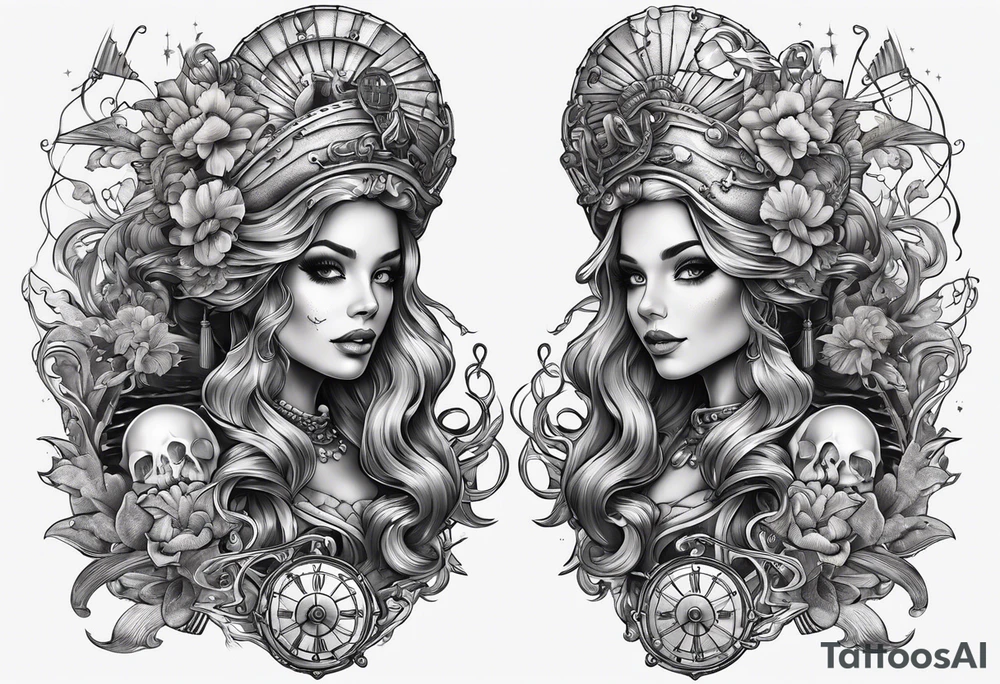 full sleeve skeleton sailor mermaid mechanical nautical tattoo idea