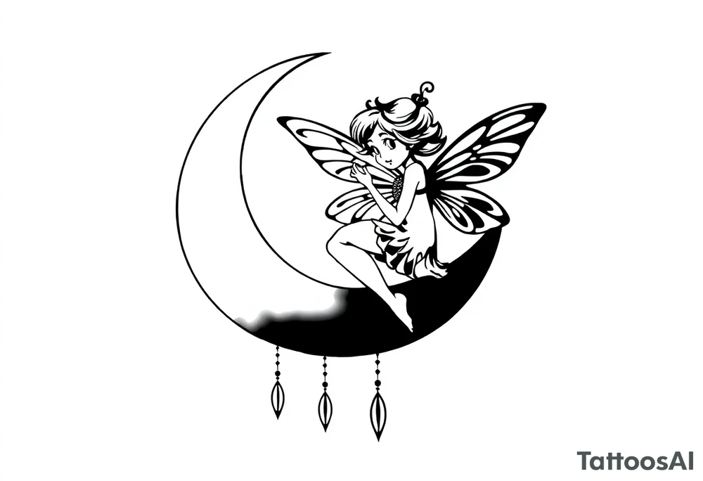 Solid black tattoo of a Fairy sitting on moon with dangles. tattoo idea