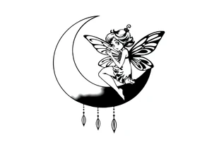 Solid black tattoo of a Fairy sitting on moon with dangles. tattoo idea