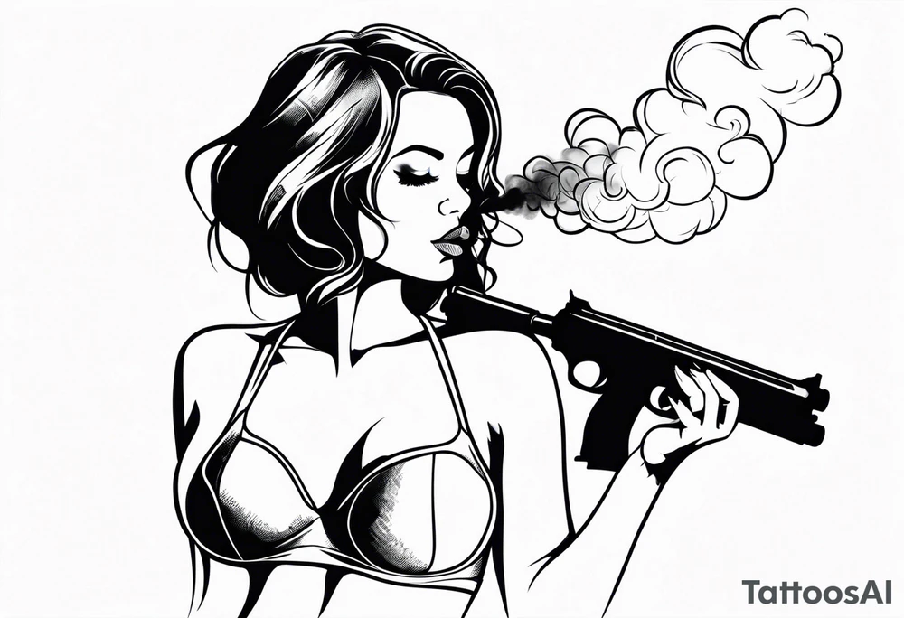 sexy girl holding gun in bra and mini shorts blowing smoke tattoo idea