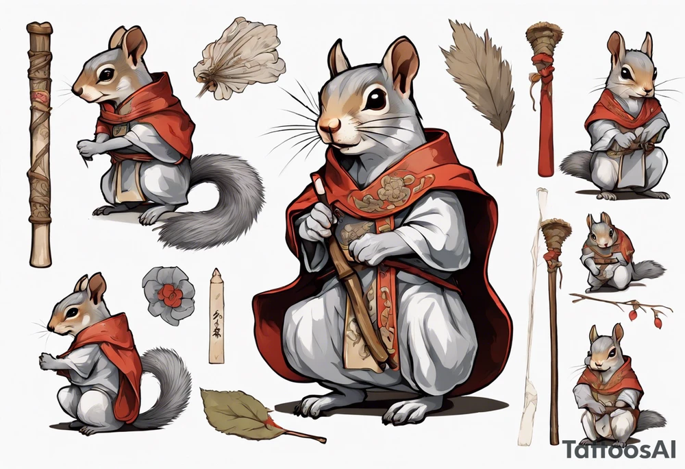 a grey squirrel with one torn ear dressed in a medieval tunic holding a large white stick tattoo idea