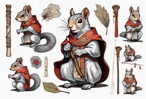 a grey squirrel with one torn ear dressed in a medieval tunic holding a large white stick tattoo idea