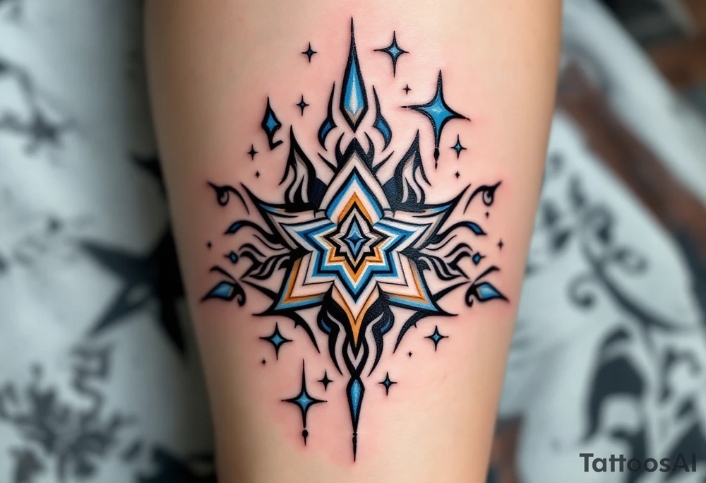 Johana scripted in a whimsical style, accented with whimsical stars in silver and light blue. tattoo idea