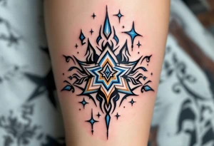 Johana scripted in a whimsical style, accented with whimsical stars in silver and light blue. tattoo idea
