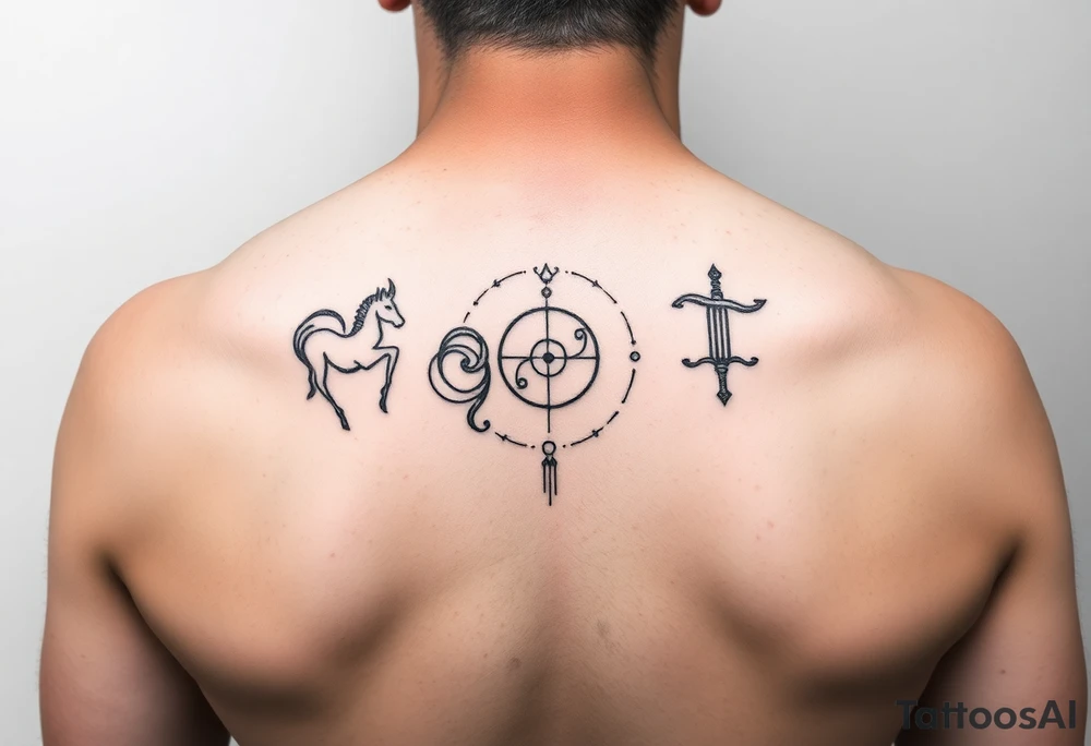 Simple line art tattoo that incorporates the zodiac signs Capricorn, Gemini, and Sagittarius— no shading— beginner friendly tattoo idea