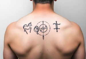 Simple line art tattoo that incorporates the zodiac signs Capricorn, Gemini, and Sagittarius— no shading— beginner friendly tattoo idea