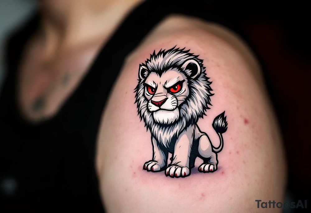 A black and white Czech lion standing on its hind legs, with red eyes, giving it an intense and fierce appearance, symbolizing resilience and determination. tattoo idea