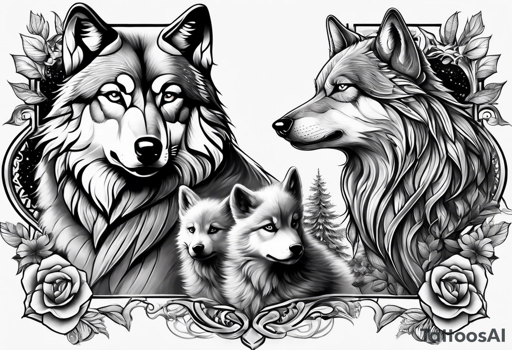Male and female wolf with four pups arm sleeve tattoo idea