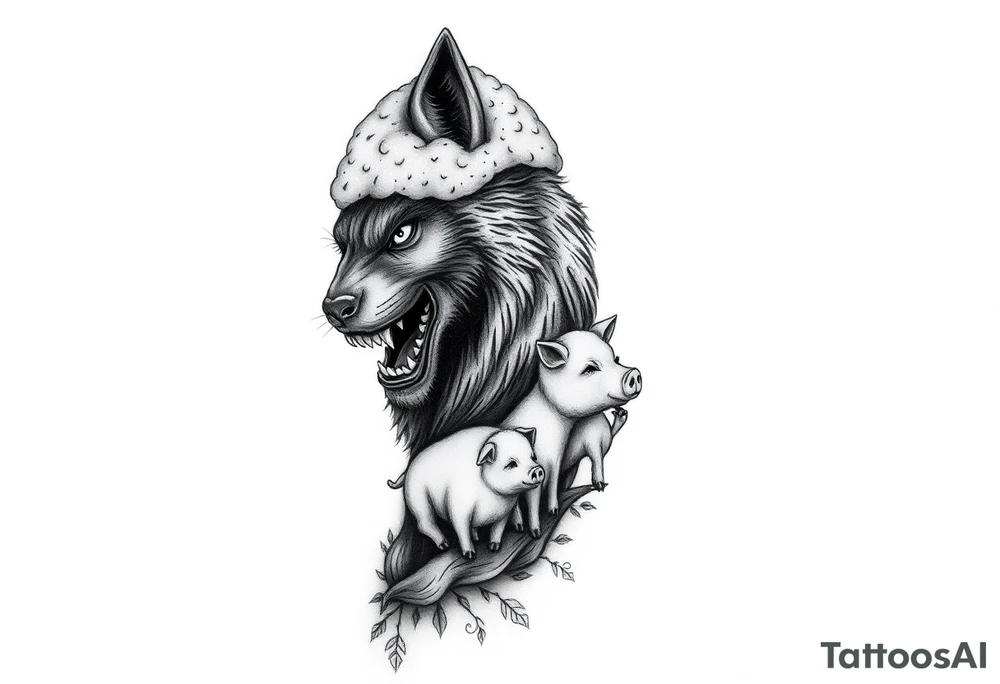 Big bad wolf nursery rhyme wearing a sheep costume with sheep head as hood and eat the three little pigs and little red riding hood in the woods tattoo idea